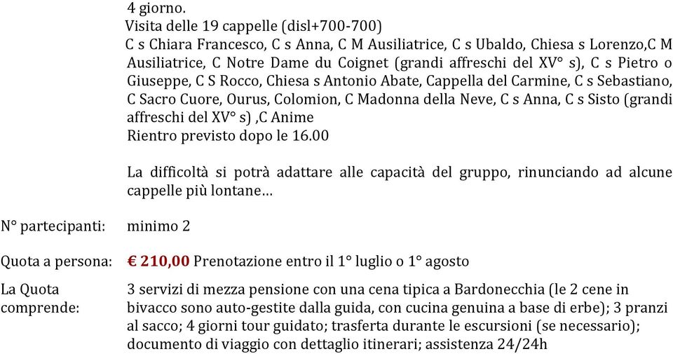 Pietro o Giuseppe, C S Rocco, Chiesa s Antonio Abate, Cappella del Carmine, C s Sebastiano, C Sacro Cuore, Ourus, Colomion, C Madonna della Neve, C s Anna, C s Sisto (grandi affreschi del XV s),c