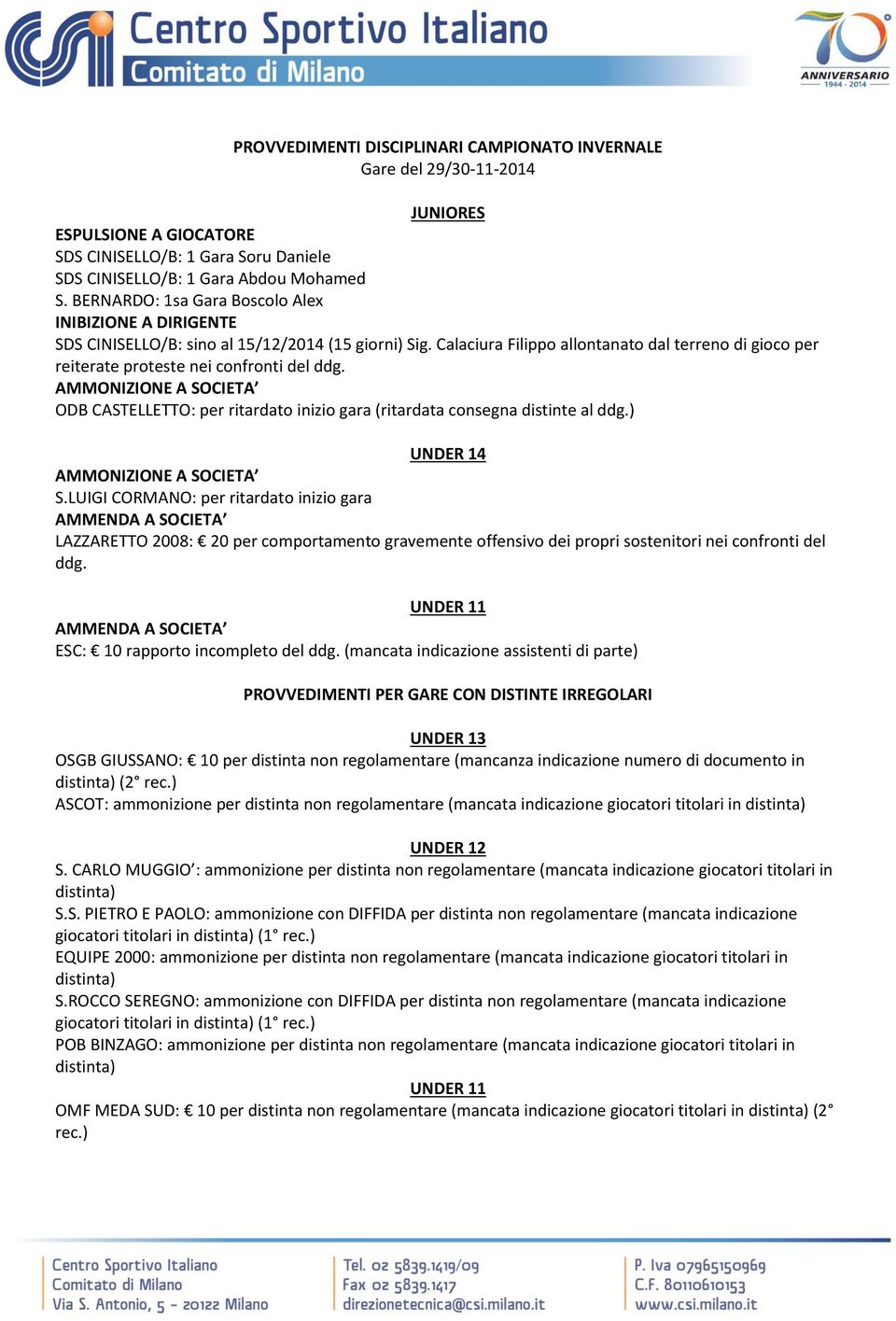 Calaciura Filippo allontanato dal terreno di gioco per reiterate proteste nei confronti del ddg. ODB CASTELLETTO: per ritardato inizio gara (ritardata consegna distinte al ddg.) UNDER 14 S.