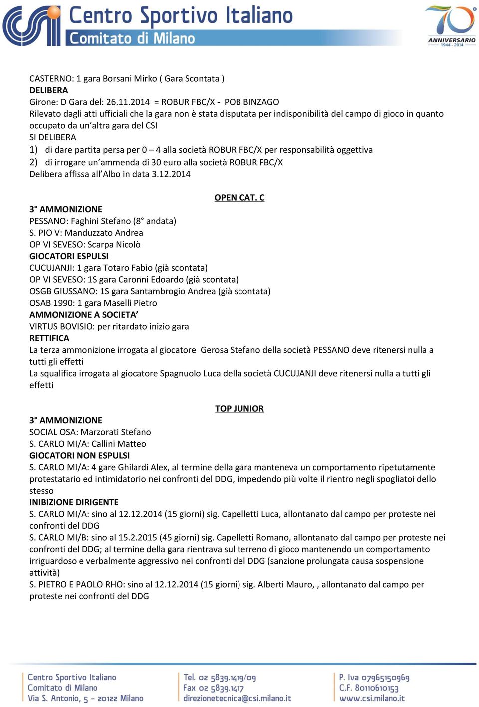 dare partita persa per 0 4 alla società ROBUR FBC/X per responsabilità oggettiva 2) di irrogare un ammenda di 30 euro alla società ROBUR FBC/X Delibera affissa all Albo in data 3.12.2014 OPEN CAT.