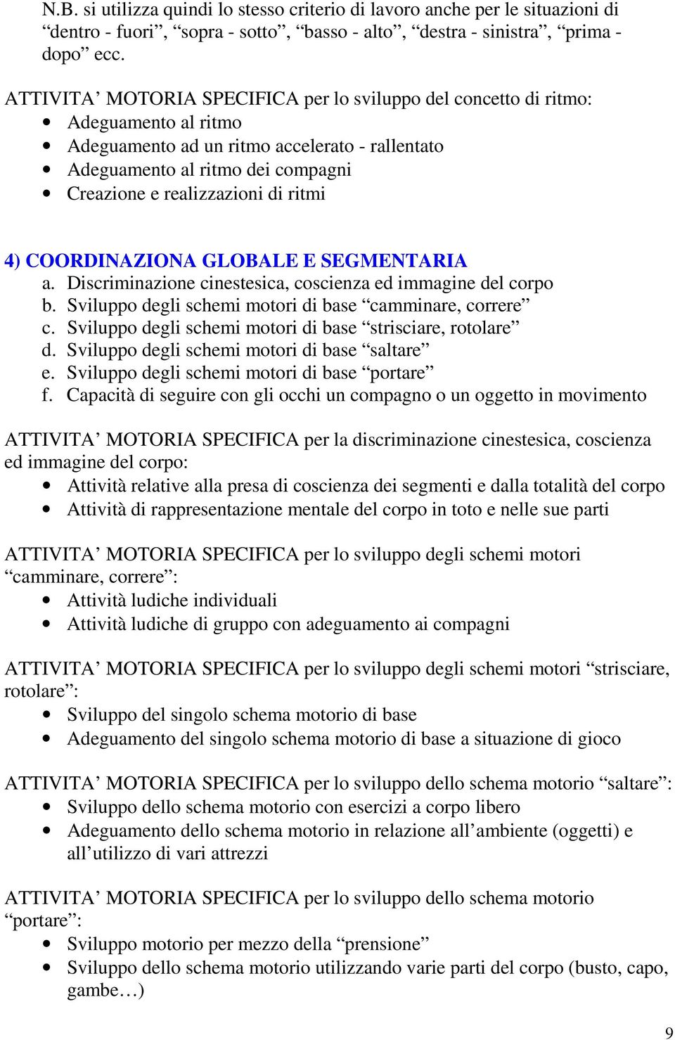 ritmi 4) COORDINAZIONA GLOBALE E SEGMENTARIA a. Discriminazione cinestesica, coscienza ed immagine del corpo b. Sviluppo degli schemi motori di base camminare, correre c.