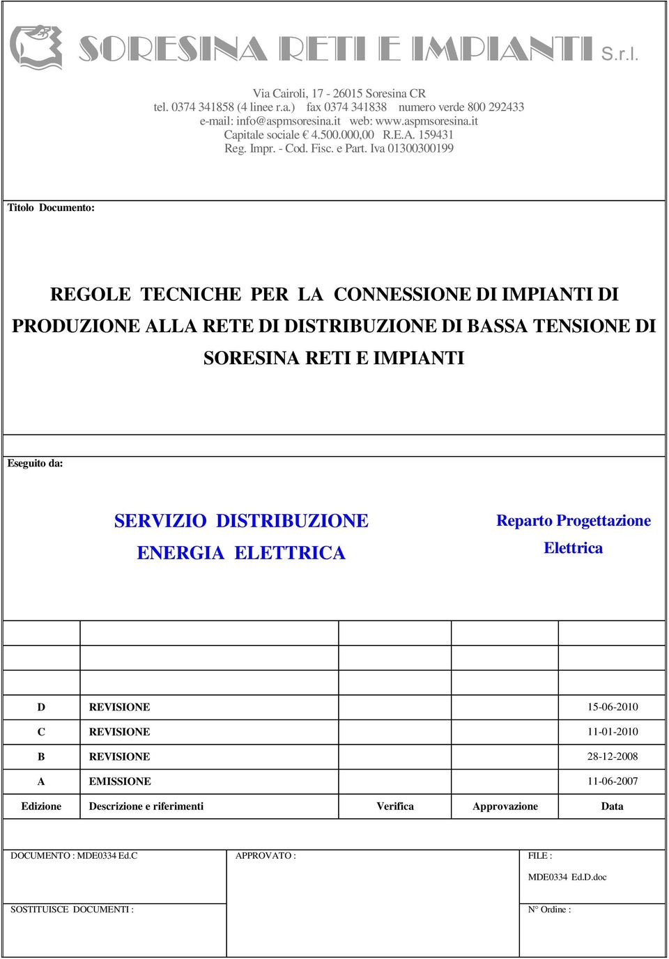 Iva 01300300199 Titolo Documento: REGOLE TECNICHE PER LA CONNESSIONE DI IMPIANTI DI PRODUZIONE ALLA RETE DI DISTRIBUZIONE DI BASSA TENSIONE DI SORESINA RETI E IMPIANTI Eseguito da: