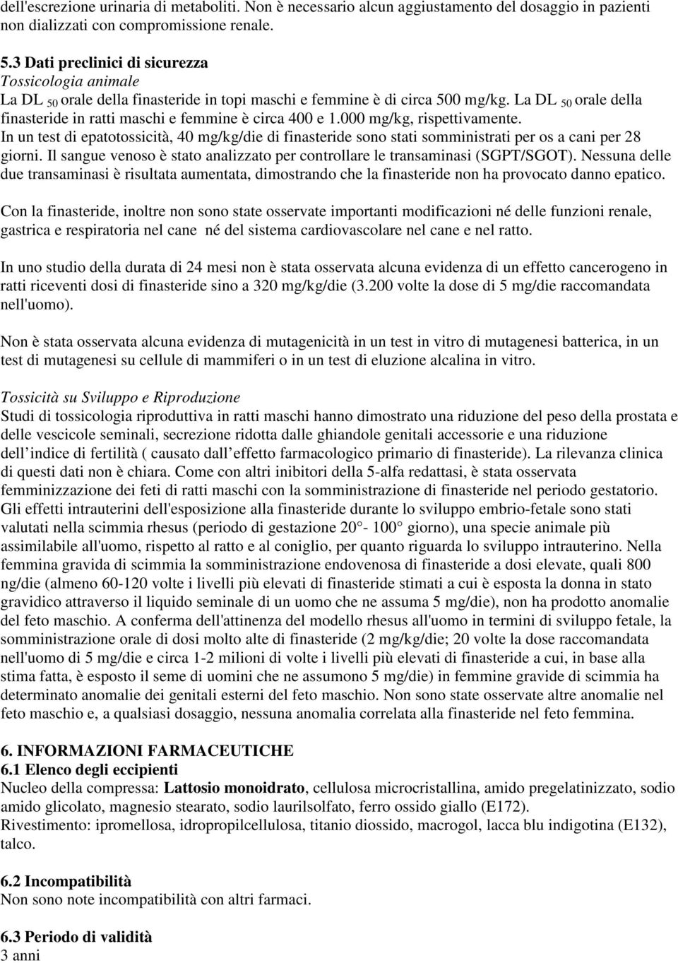 La DL 50 orale della finasteride in ratti maschi e femmine è circa 400 e 1.000 mg/kg, rispettivamente.