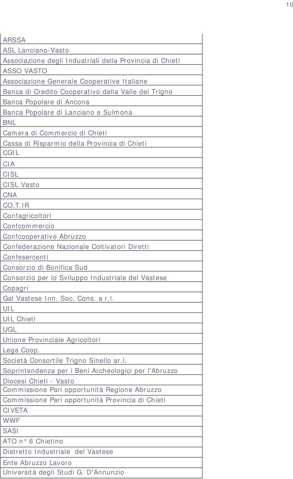 IR Confagricoltori Confcommercio Confcooperative Abruzzo Confederazione Nazionale Coltivatori Diretti Confesercenti Consorzio di Bonifica Sud Consorzio per lo Sviluppo Industriale del Vastese Copagri