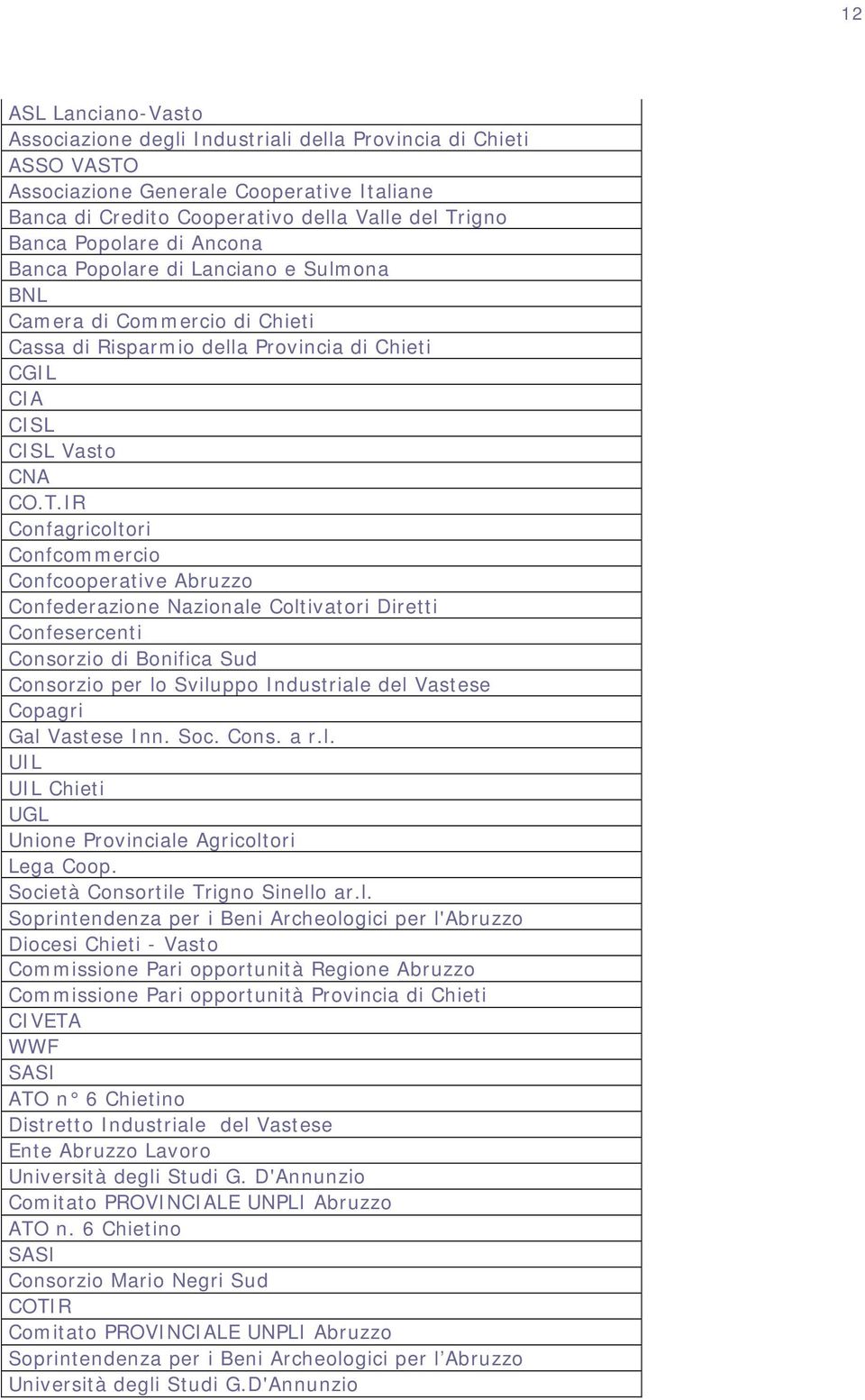 IR Confagricoltori Confcommercio Confcooperative Abruzzo Confederazione Nazionale Coltivatori Diretti Confesercenti Consorzio di Bonifica Sud Consorzio per lo Sviluppo Industriale del Vastese Copagri