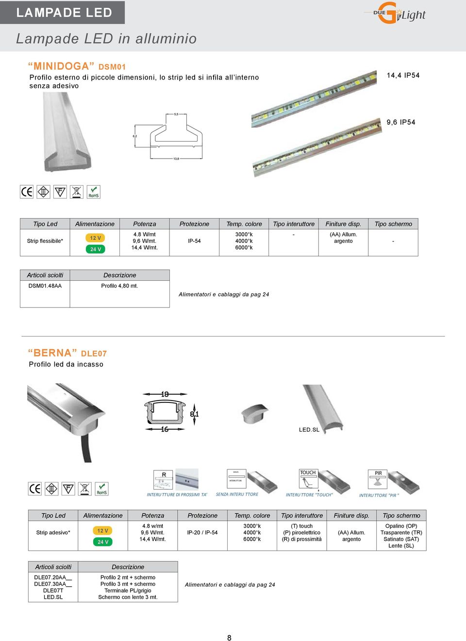 argento - Articoli sciolti DSM01.48AA Descrizione Profilo 4,80 mt. Alimentatori e cablaggi da pag 24 BERNA DLE07 Profilo led da incasso LED.