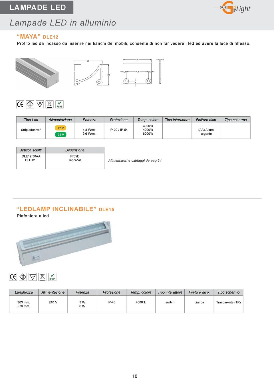 IP-20 / IP-54 3000 k 4000 k 6000 k (AA) Allum. argento Articoli sciolti DLE12.