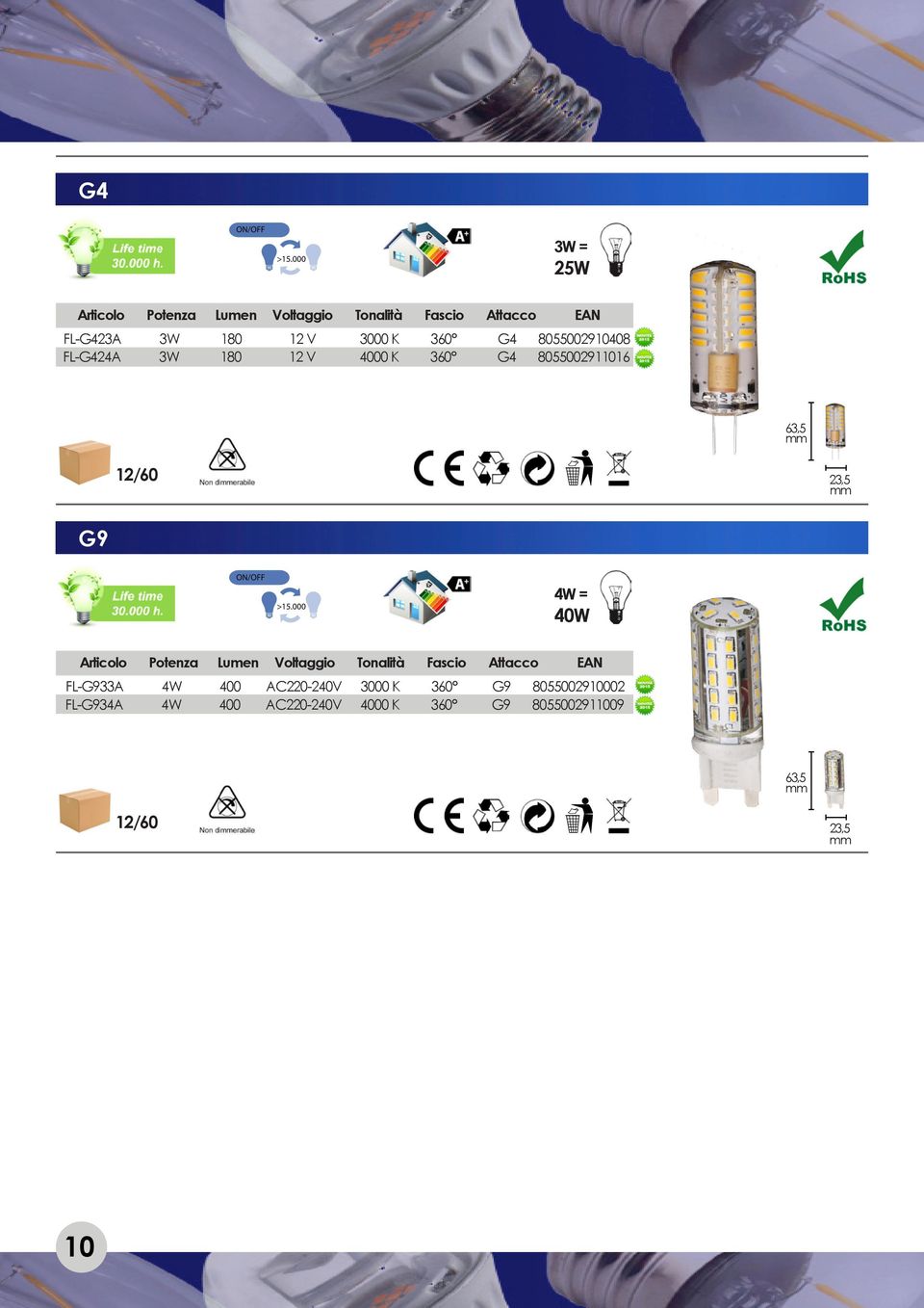 4W = 40W FL-G933A 4W 400 AC220-240V 3000 K 360 G9 8055002910002