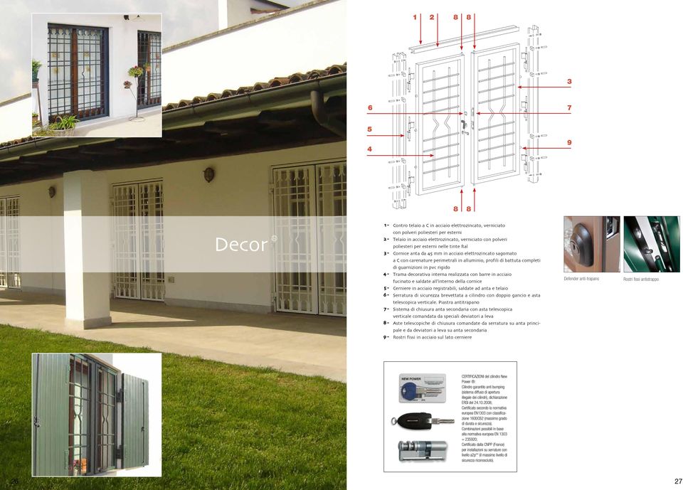 rigido Trama decorativa interna realizzata con barre in acciaio fucinato e saldate all interno della cornice Cerniere in acciaio registrabili, saldate ad anta e telaio Serratura di sicurezza