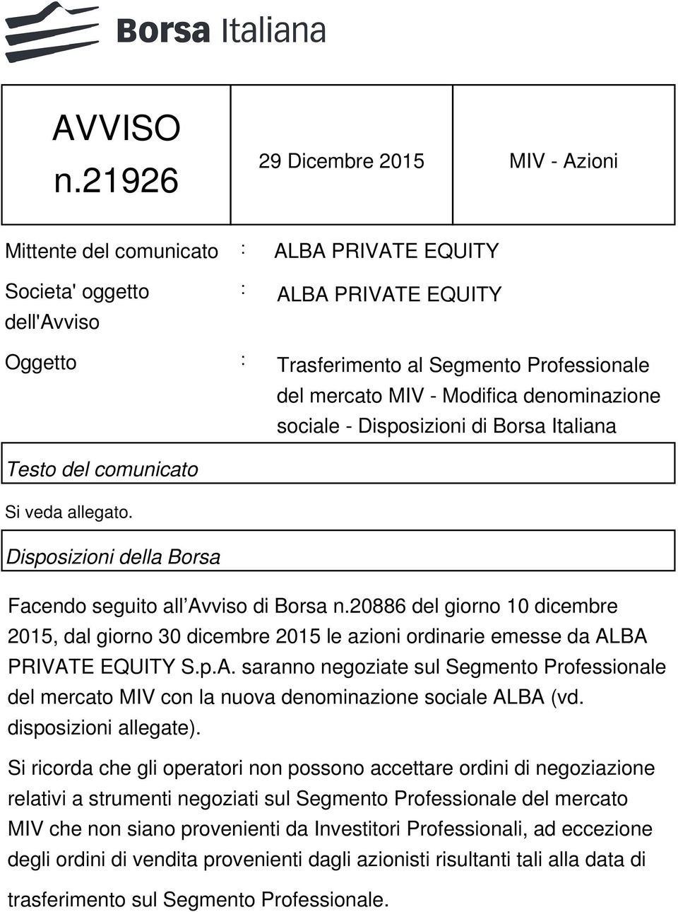 denominazione sociale - Disposizioni di Borsa Italiana Testo del comunicato Si veda allegato. Disposizioni della Borsa Facendo seguito all Avviso di Borsa n.