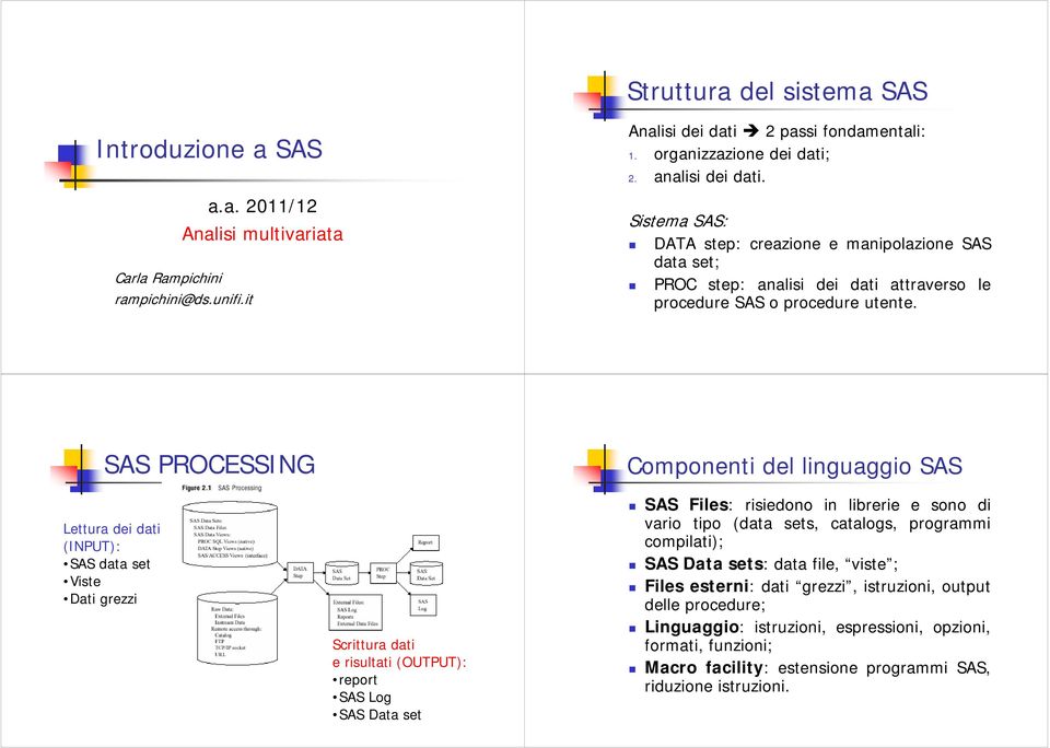 SAS PROCESSING Componenti del linguaggio SAS Lettura dei dati (INPUT): SAS data set Viste Dati grezzi Scrittura dati e risultati (OUTPUT): report SAS Log SAS Data set SAS Files: risiedono in librerie