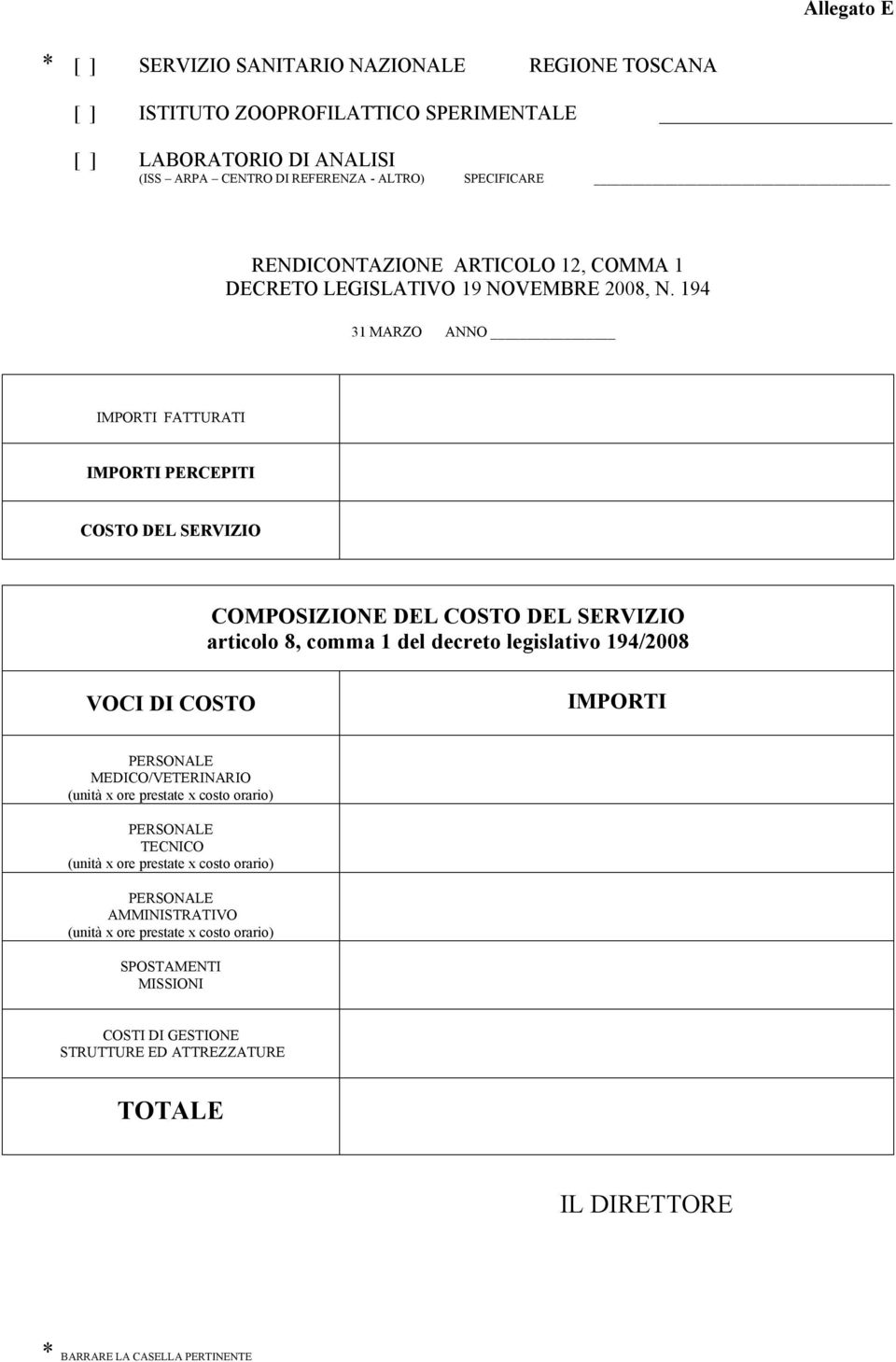 194 31 MARZO ANNO IMPORTI FATTURATI IMPORTI PERCEPITI COSTO DEL SERVIZIO COMPOSIZIONE DEL COSTO DEL SERVIZIO articolo 8, comma 1 del decreto legislativo 194/2008 VOCI DI COSTO IMPORTI