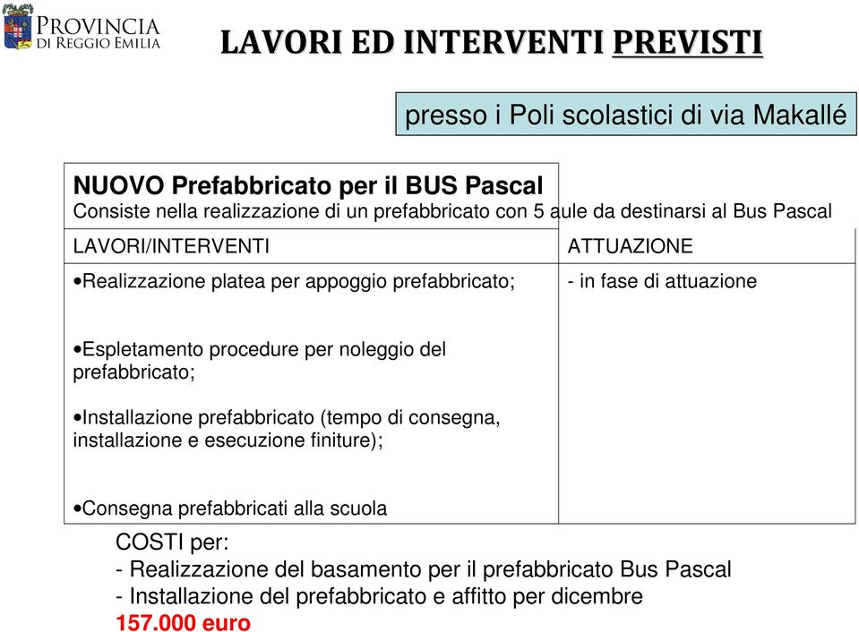 attuazione Espletamento procedure per noleggio del prefabbricato; Installazione prefabbricato (tempo di consegna, installazione e esecuzione finiture);