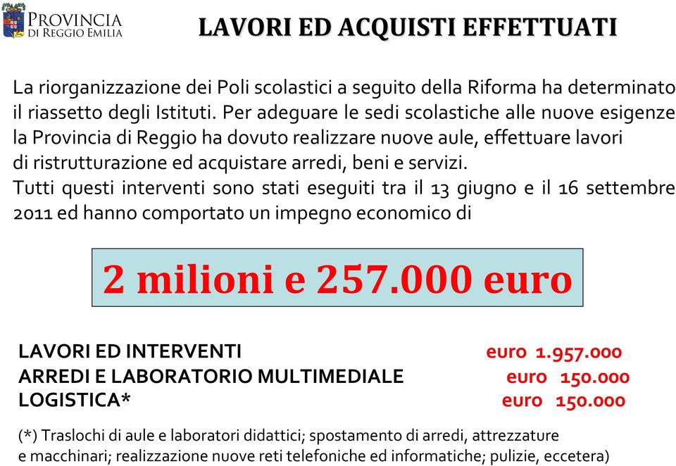 Tutti questi interventi sono stati eseguiti tra il 13 giugno e il 16 settembre 2011 ed hanno comportato un impegno economico di 2 milioni e 257.000 euro LAVORI ED INTERVENTI euro 1.957.