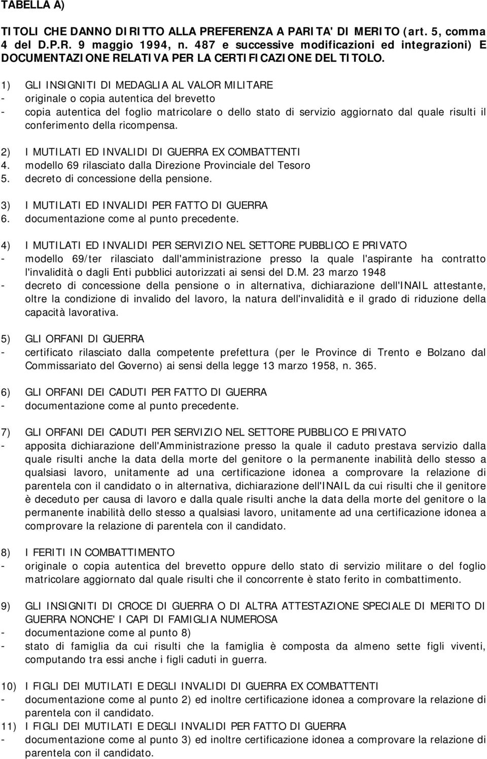 1) GLI INSIGNITI DI MEDAGLIA AL VALOR MILITARE - originale o copia autentica del brevetto - copia autentica del foglio matricolare o dello stato di servizio aggiornato dal quale risulti il