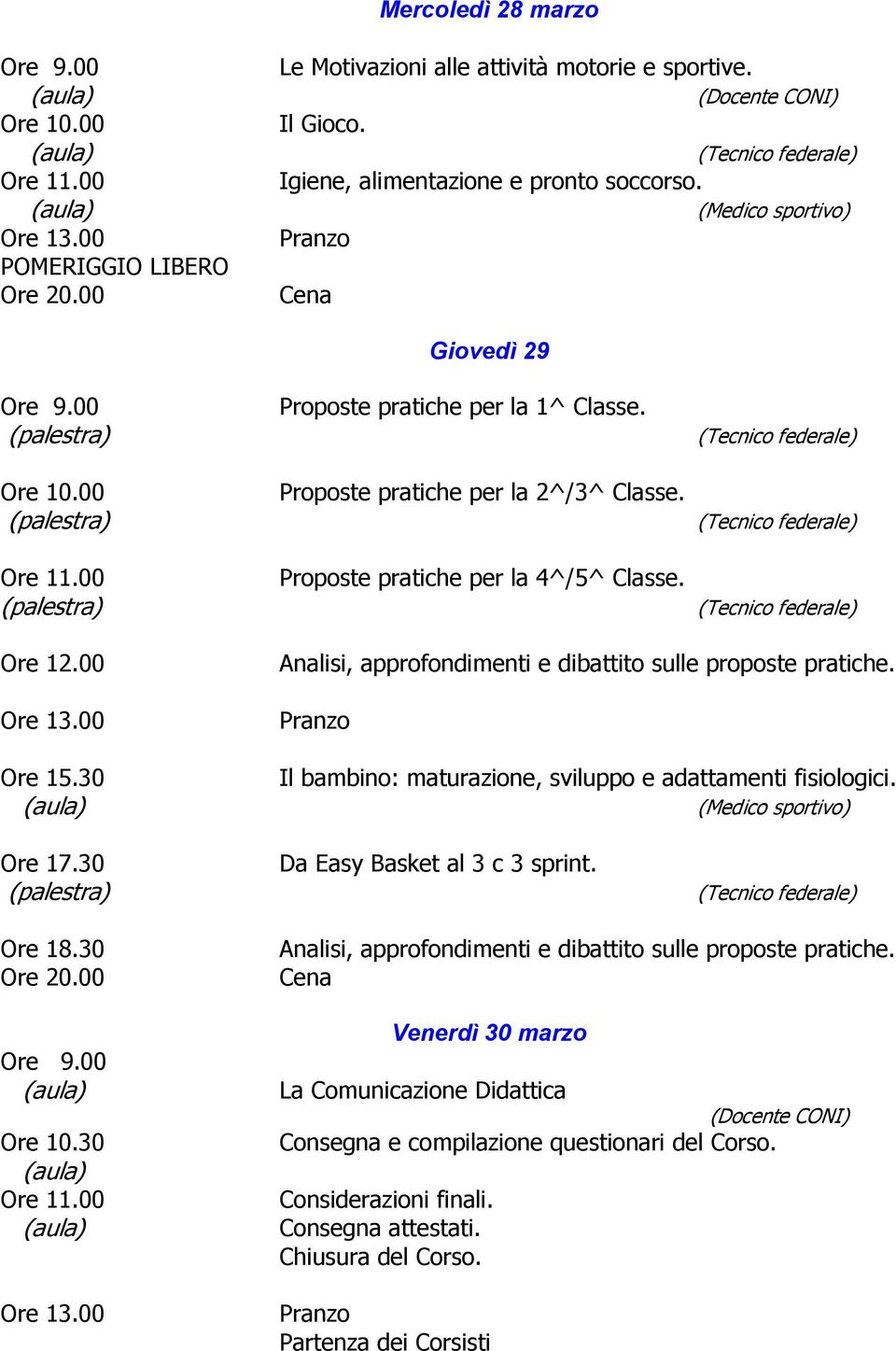 00 Analisi, approfondimenti e dibattito sulle proposte pratiche. Il bambino: maturazione, sviluppo e adattamenti fisiologici. Da Easy Basket al 3 c 3 sprint. Ore 18.