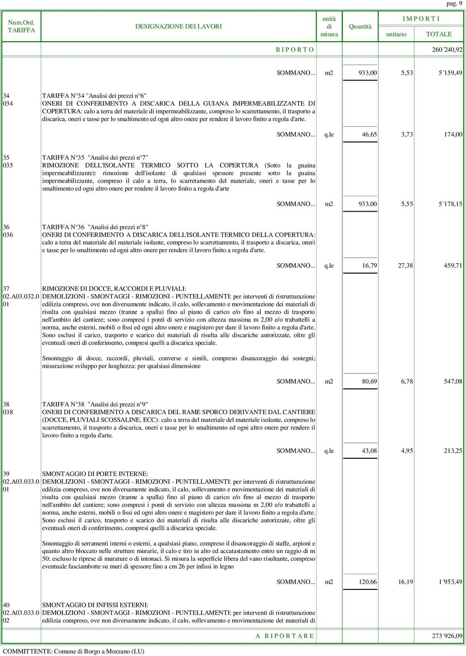 compreso lo scarrettamento, il trasporto a discarica, oneri e tasse per lo smaltimento ed ogni altro onere per rendere il lavoro finito a regola d'arte. SOMMANO... q.