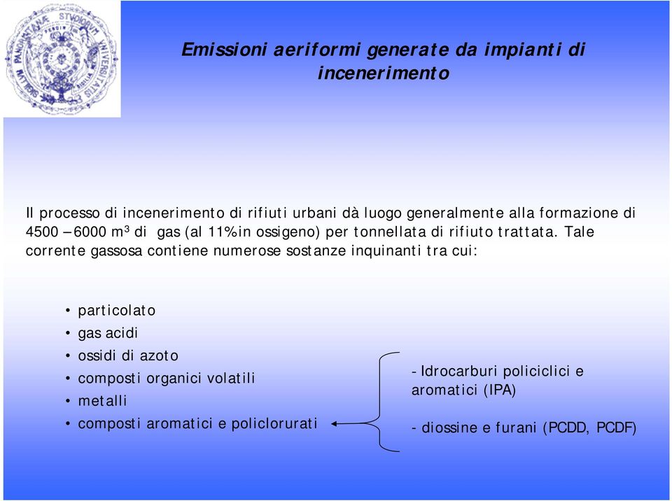 Tale corrente gassosa contiene numerose sostanze inquinanti tra cui: particolato gas acidi ossidi di azoto composti