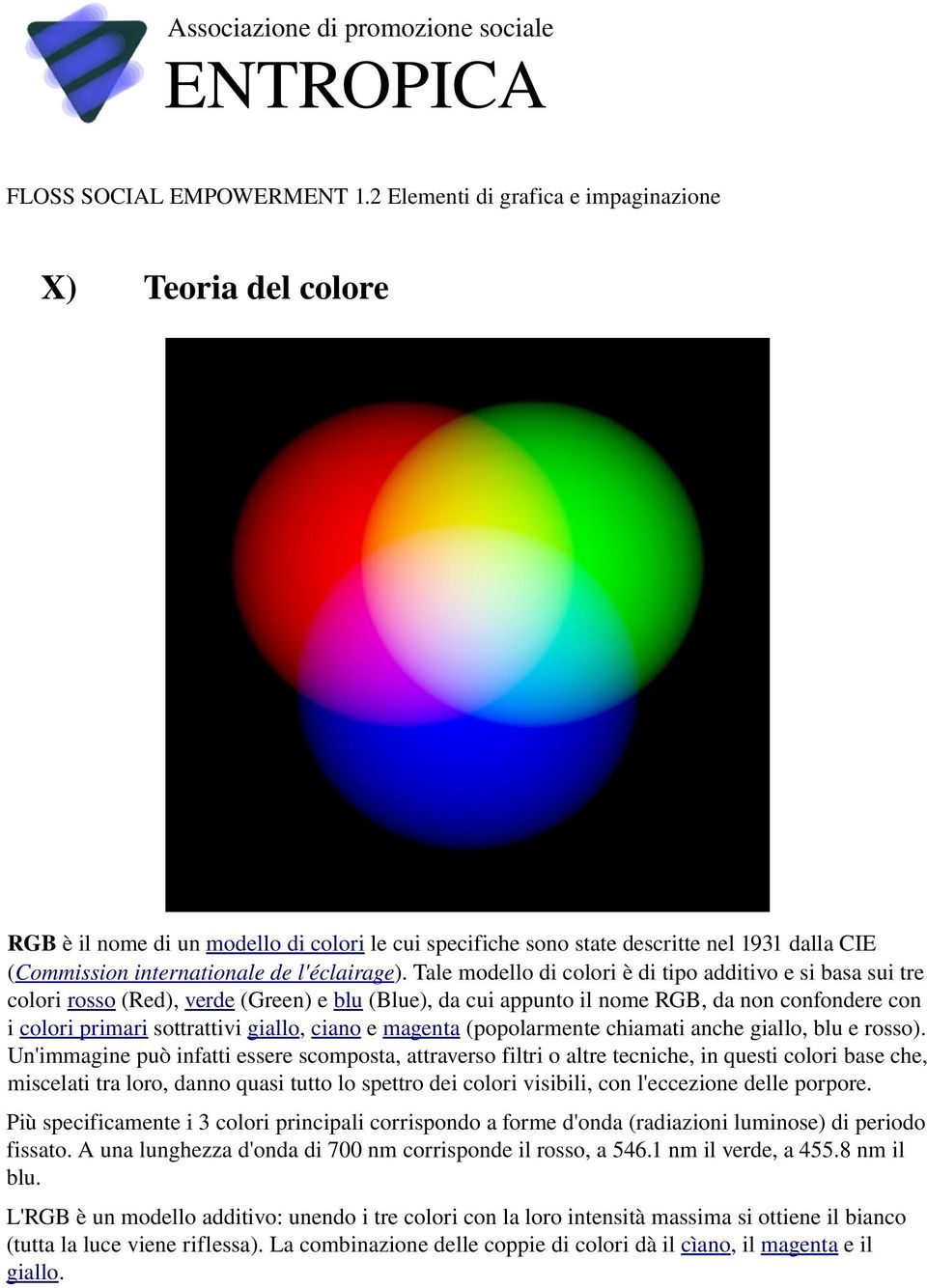 Tale modello di colori è di tipo additivo e si basa sui tre colori rosso (Red), verde (Green) e blu (Blue), da cui appunto il nome RGB, da non confondere con i colori primari sottrattivi giallo,