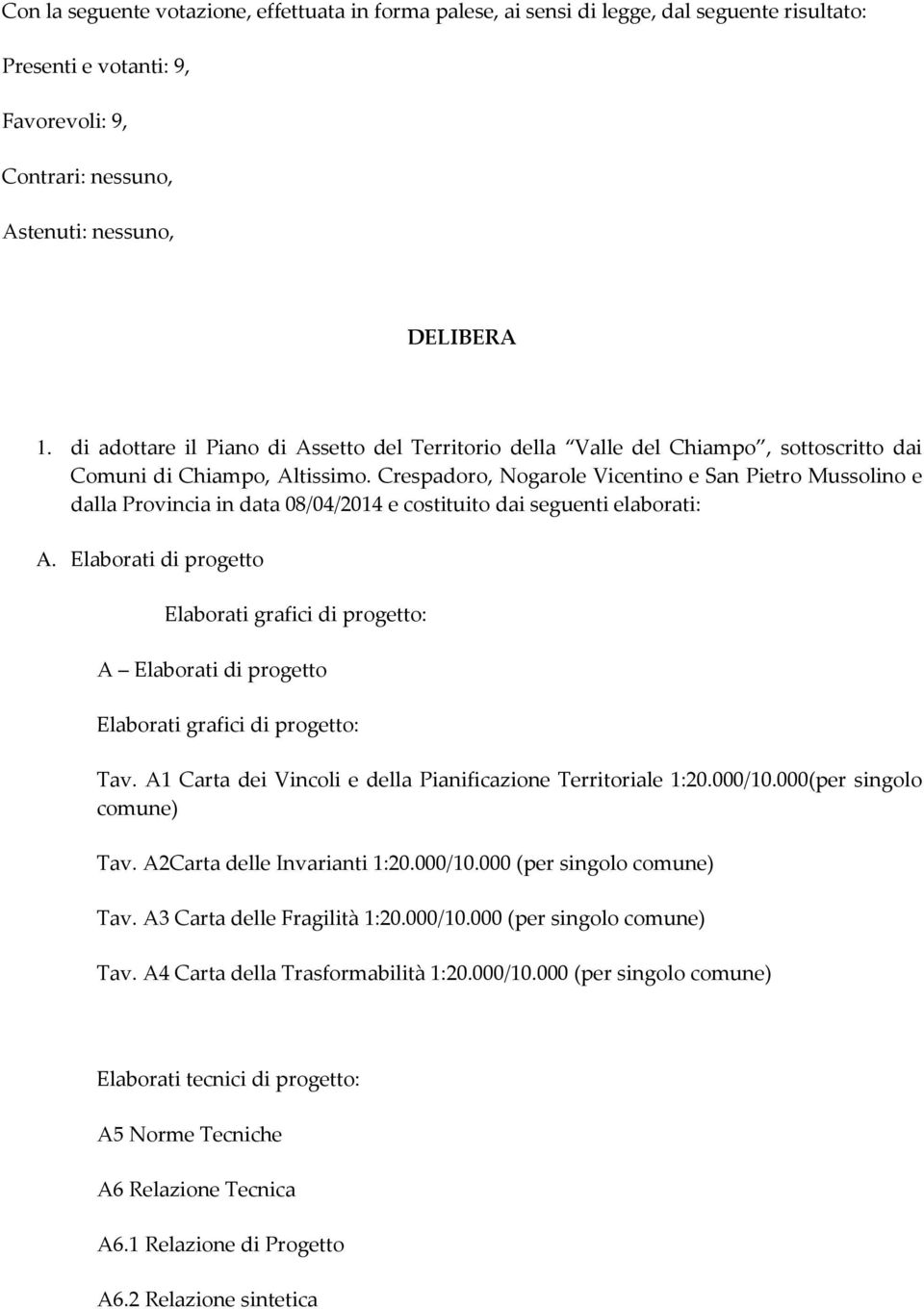 Crespadoro, Nogarole Vicentino e San Pietro Mussolino e dalla Provincia in data 08/04/2014 e costituito dai seguenti elaborati: A.