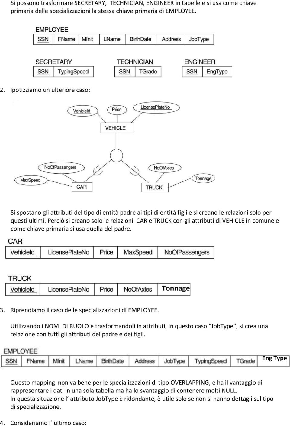 Perciò si creano solo le relazioni CAR e TRUCK con gli attributi di VEHICLE in comune e come chiave primaria si usa quella del padre. Tonnage 3. Riprendiamo il caso delle specializzazioni di EMPLOYEE.