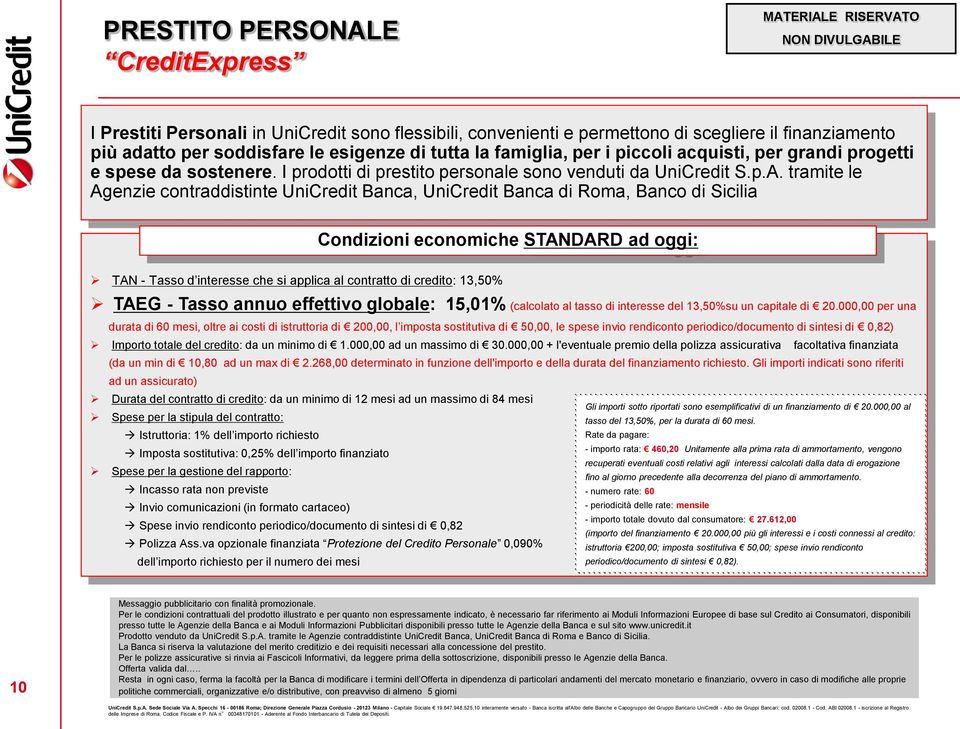 tramite le Agenzie contraddistinte UniCredit Banca, UniCredit Banca di Roma, Banco di Sicilia Condizioni economiche STANDARD ad oggi: TAN - Tasso d interesse che si applica al contratto di credito: