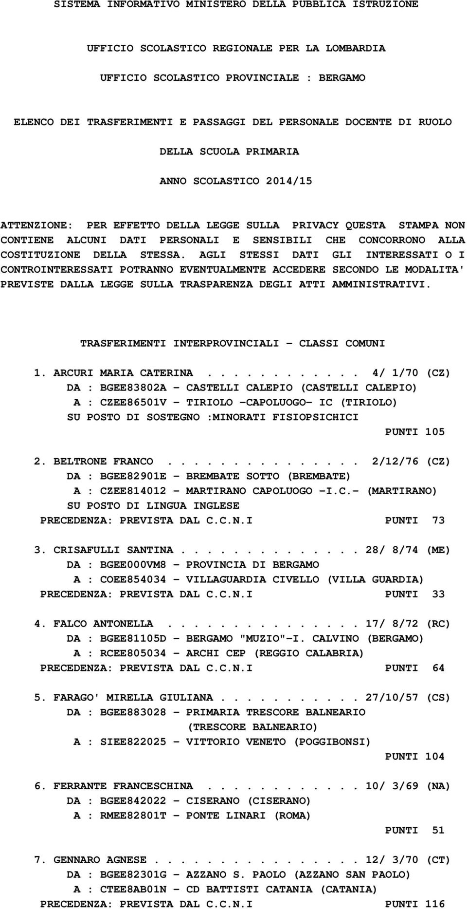 COSTITUZIONE DELLA STESSA. AGLI STESSI DATI GLI INTERESSATI O I CONTROINTERESSATI POTRANNO EVENTUALMENTE ACCEDERE SECONDO LE MODALITA' PREVISTE DALLA LEGGE SULLA TRASPARENZA DEGLI ATTI AMMINISTRATIVI.