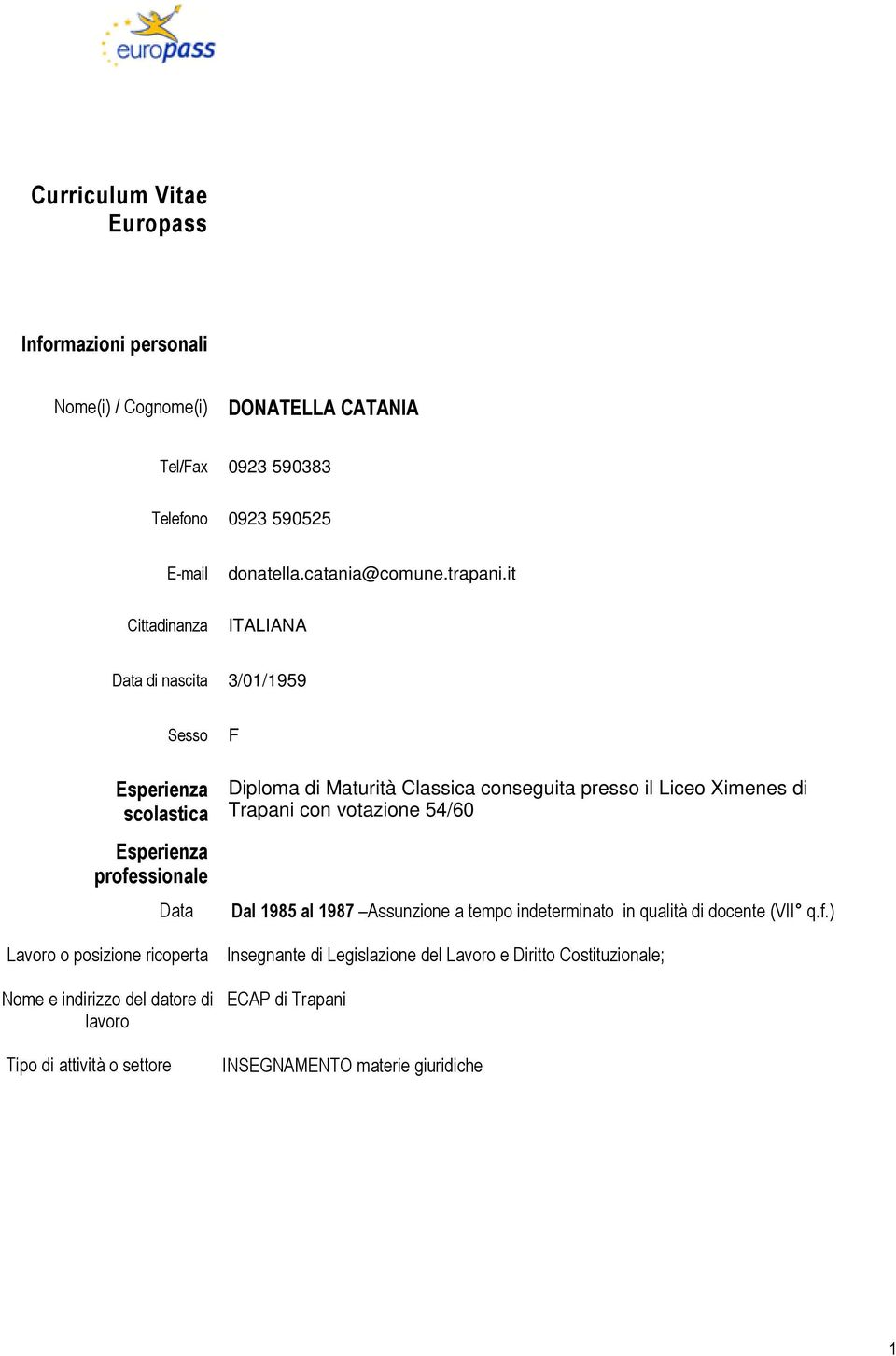 it Cittadinanza ITALIANA di nascita 3/01/1959 Sesso Esperienza scolastica Esperienza professionale F Diploma di Maturità Classica conseguita