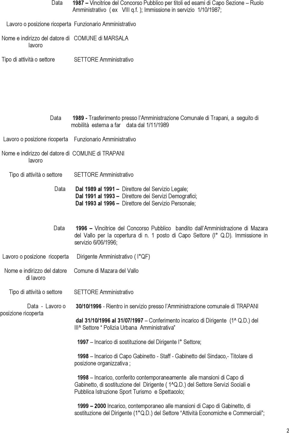 1/11/1989 Funzionario Amministrativo COMUNE di TRAPANI Dal 1989 al 1991 Direttore del Servizio Legale; Dal 1991 al 1993 Direttore dei Servizi Demografici; Dal 1993 al 1996 Direttore del Servizio