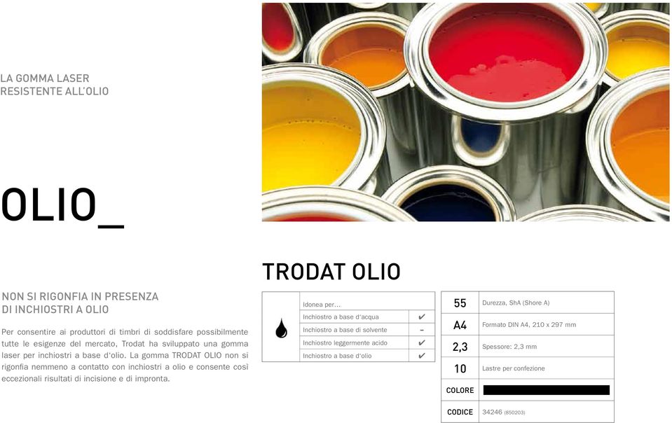 La gomma TRODAT OLIO non si rigonfia nemmeno a contatto con inchiostri a olio e consente così eccezionali risultati di incisione e di impronta.