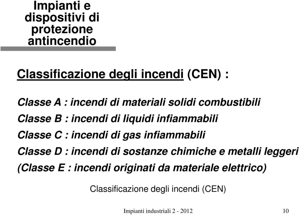 infiammabili Classe D : incendi di sostanze chimiche e metalli leggeri (Classe E :