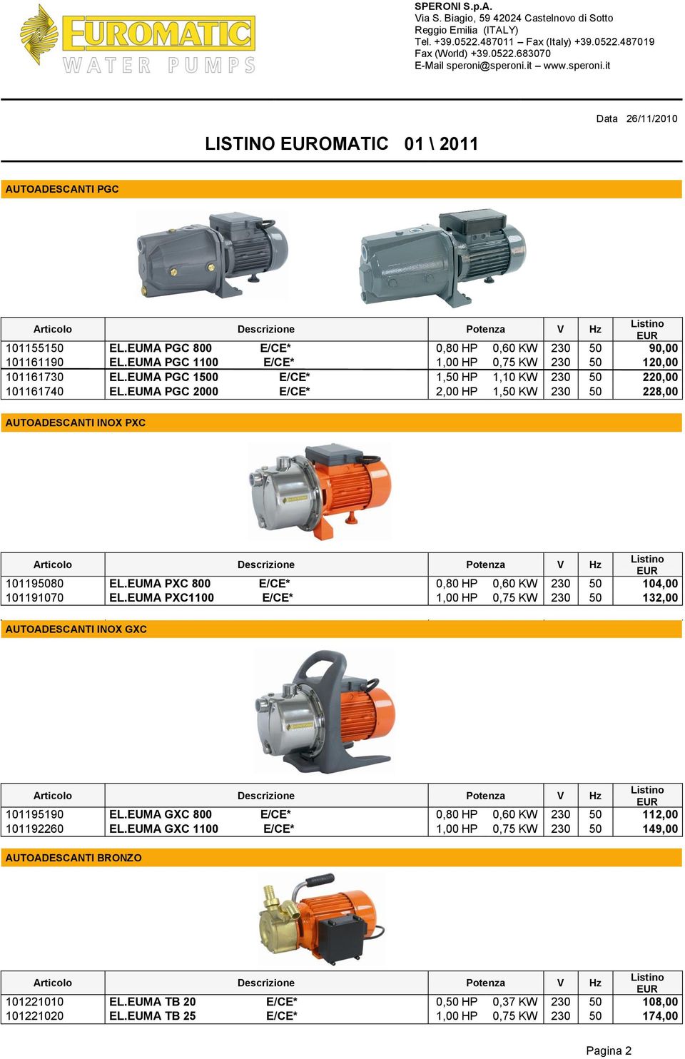 EUMA PGC 2000 2,00 HP 1, KW 228,00 AUTOADESCANTI INOX PXC 1011980 EL.EUMA PXC 800 0,80 HP 0,60 KW 104,00 101191070 EL.