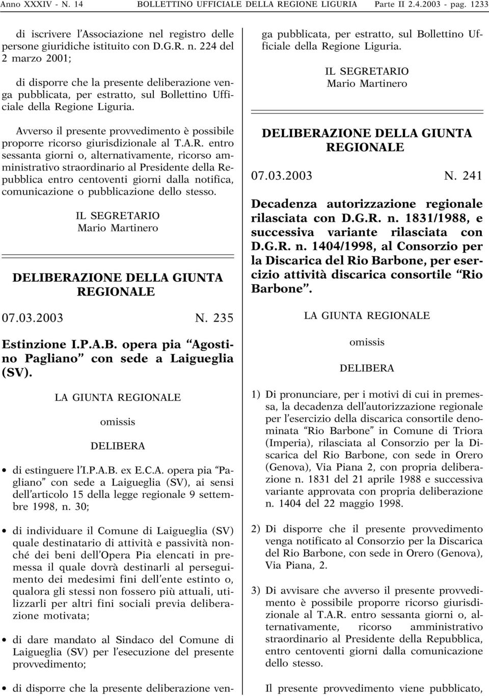 224 del 2 marzo 2001; di disporre che la presente deliberazione venga pubblicata, per estratto, sul Bollettino Ufficiale della Regione Liguria.