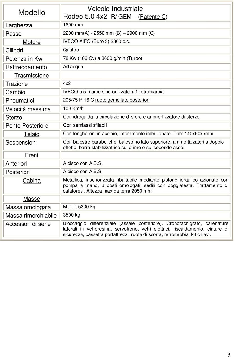 gemellate posteriori M.T.T. 5300 kg Accessori di serie Bloccaggio differenziale (assale posteriore).