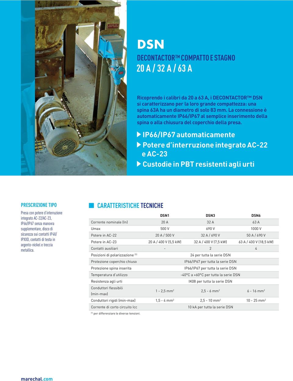 IP66/IP67 automaticamente Potere d interruzione integrato AC-22 e AC-23 Custodie in PBT resistenti agli urti PRESCRIZIONE TIPO Presa con potere d interruzione integrato AC-22/AC-23, IP66/IP67 senza