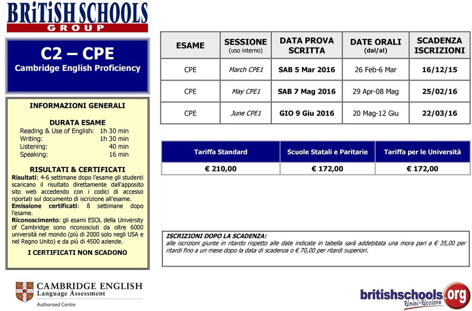 documento di iscrizione al Emissione certificati: 8 settimane dopo Riconoscimento: gli esami ESOL della University of Cambridge sono riconosciuti da oltre 6000 università nel mondo (più di 2000 solo