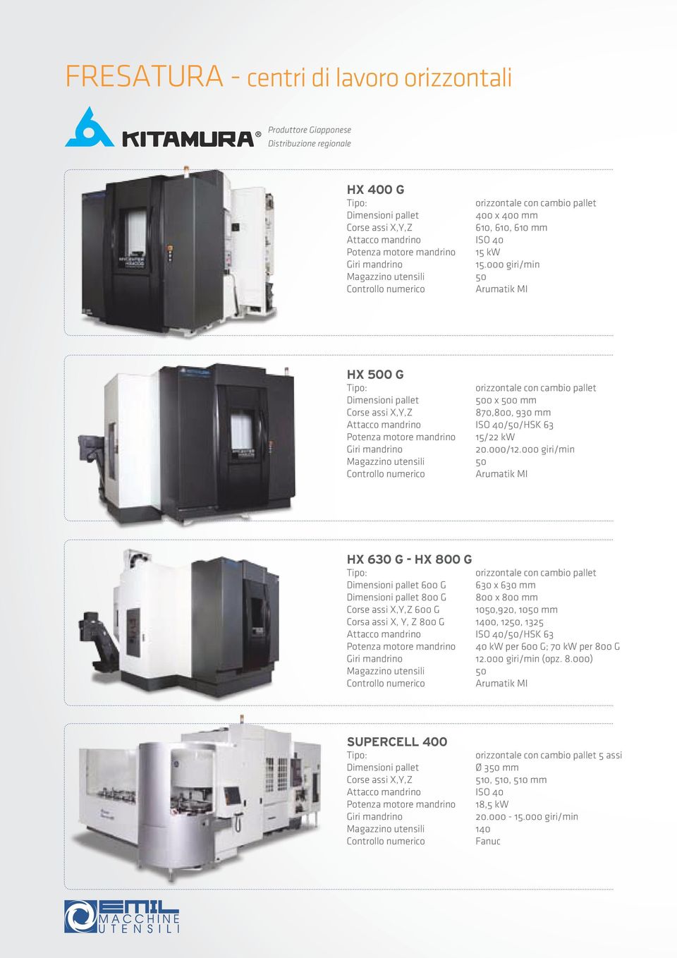 000 giri/min Magazzino utensili 50 Arumatik MI HX 500 G orizzontale con cambio pallet Dimensioni pallet 500 x 500 mm Corse assi X,Y,Z 870,800, 930 mm Attacco mandrino ISO 40/50/HSK 63 Potenza motore