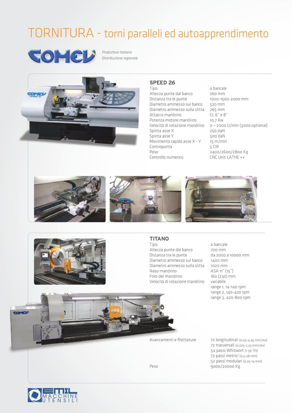 Spinta asse Y 500 dan Movimento rapido asse X - Y 15 m/min Contropunta 5 CM Peso 2400/2600/2800 Kg CNC Unit LATHE ++ TITANO a bancale Altezza punte dal banco 700 mm Distanza tra le punte da 2000 a