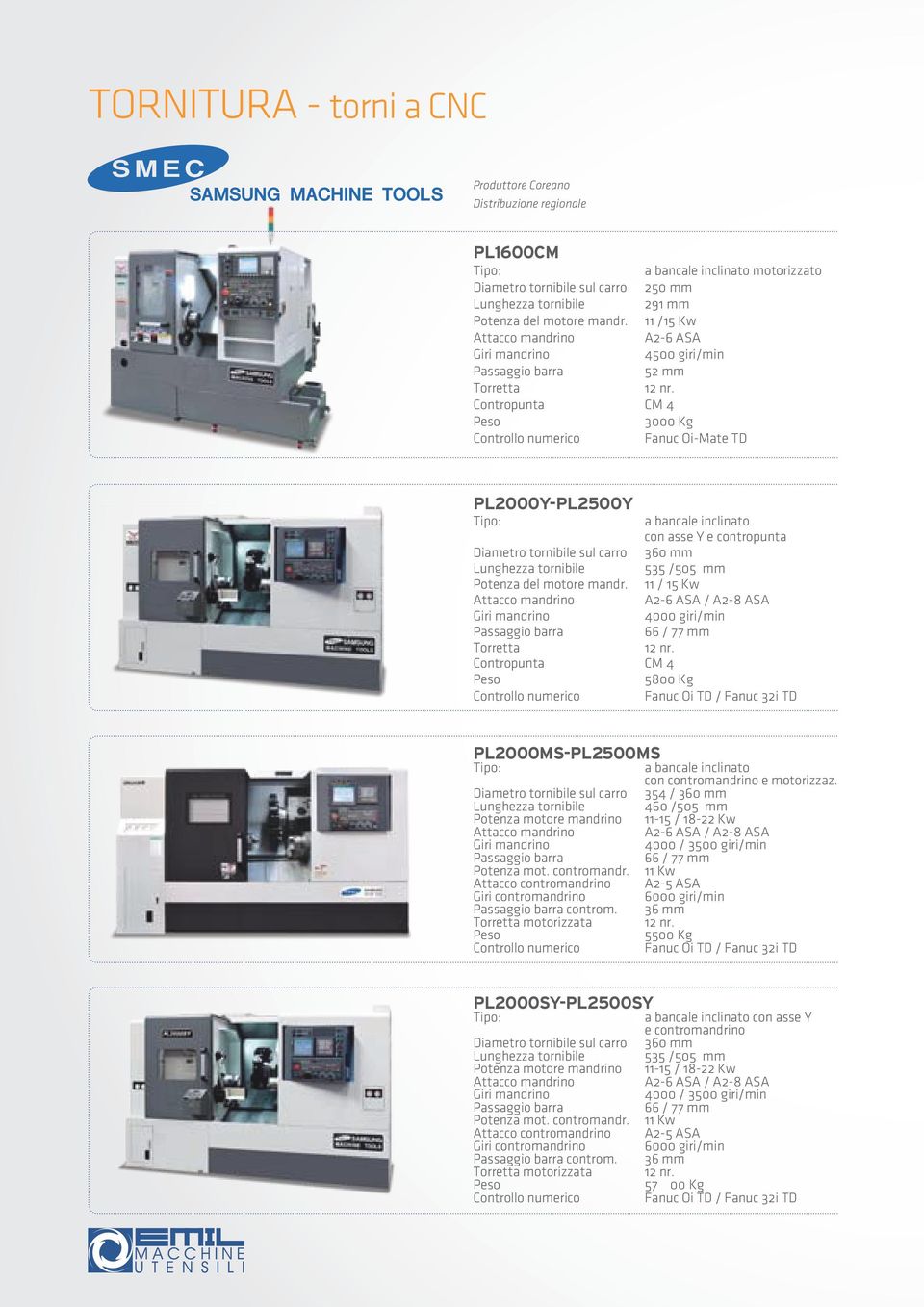 Contropunta CM 4 Peso 3000 Kg Fanuc Oi-Mate TD PL2000Y-PL2500Y a bancale inclinato con asse Y e contropunta Diametro tornibile sul carro 360 mm Lunghezza tornibile 535 /505 mm Potenza del motore