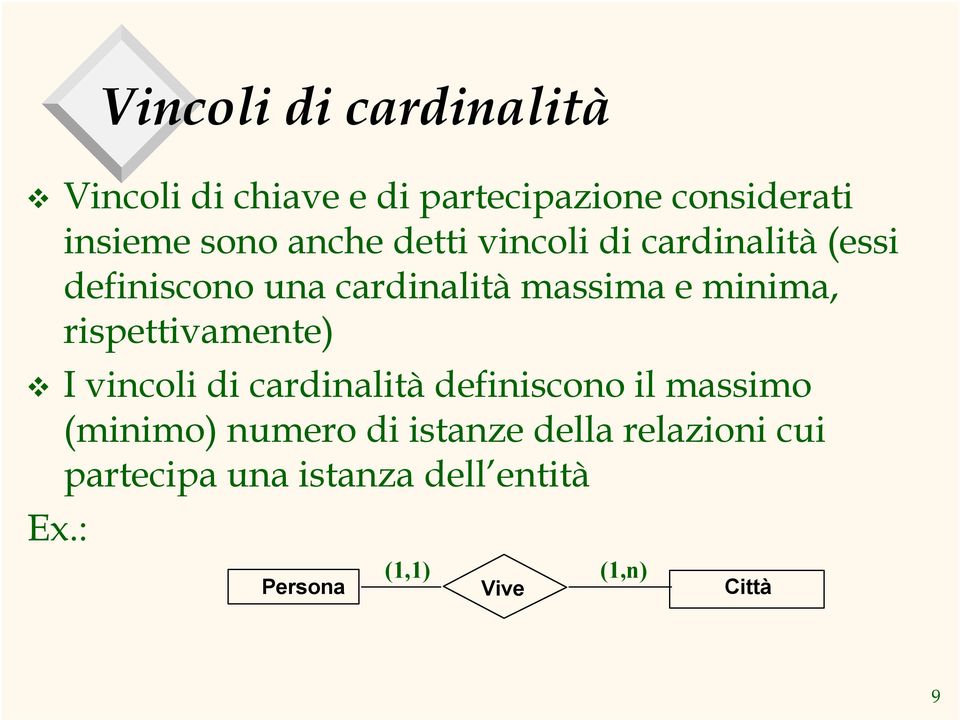 rispettivamente) v I vincoli di cardinalità definiscono il massimo (minimo) numero di