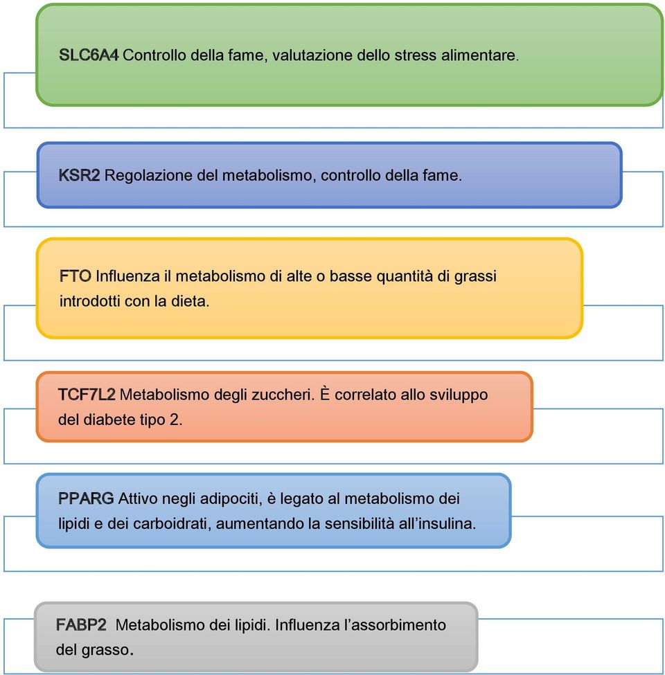 TCF7L2 Metabolismo degli zuccheri. E correlato allo sviluppo del diabete tipo 2.