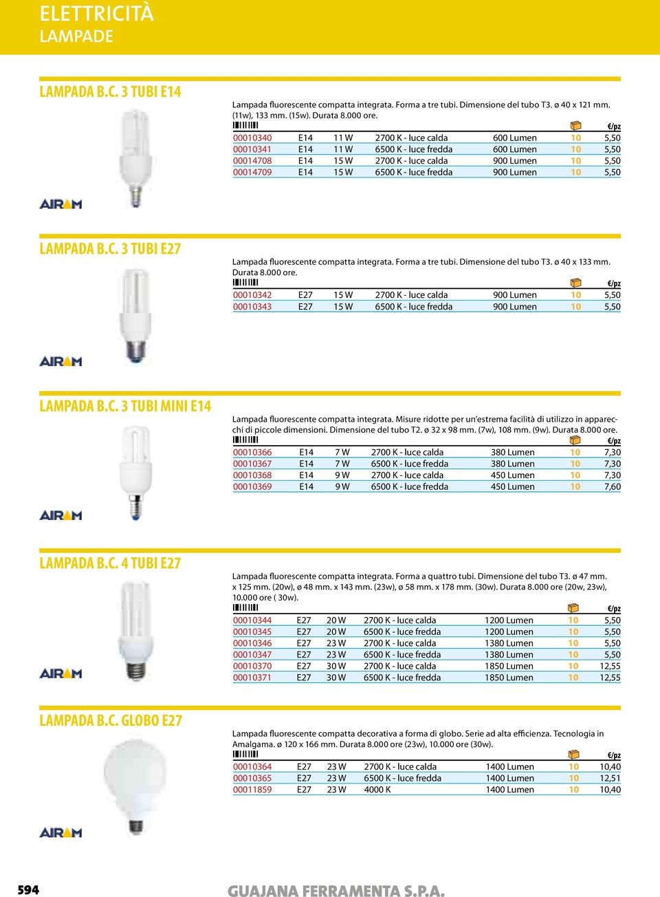 luce fredda 900 Lumen 10 5,50 LAMPADA B.C. 3 TUBI E27 Lampada fluorescente compatta integrata. Forma a tre tubi. Dimensione del tubo T3. ø 40 x 133 mm. Durata 8.000 ore.