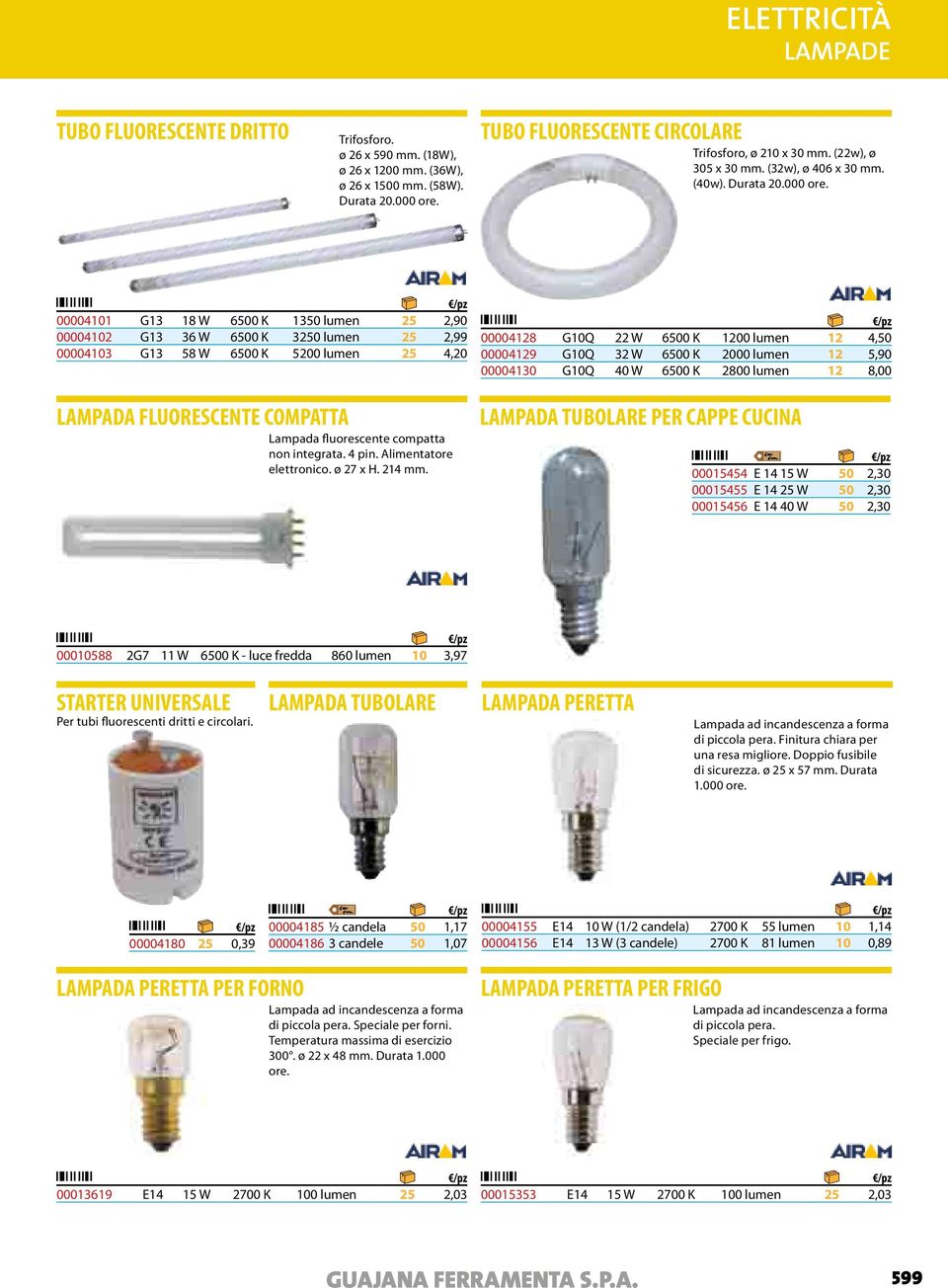 00004101 G13 18 W 6500 K 1350 lumen 25 2,90 00004102 G13 36 W 6500 K 3250 lumen 25 2,99 00004103 G13 58 W 6500 K 5200 lumen 25 4,20 LAMPADA FLUORESCENTE COMPATTA Lampada fluorescente compatta non