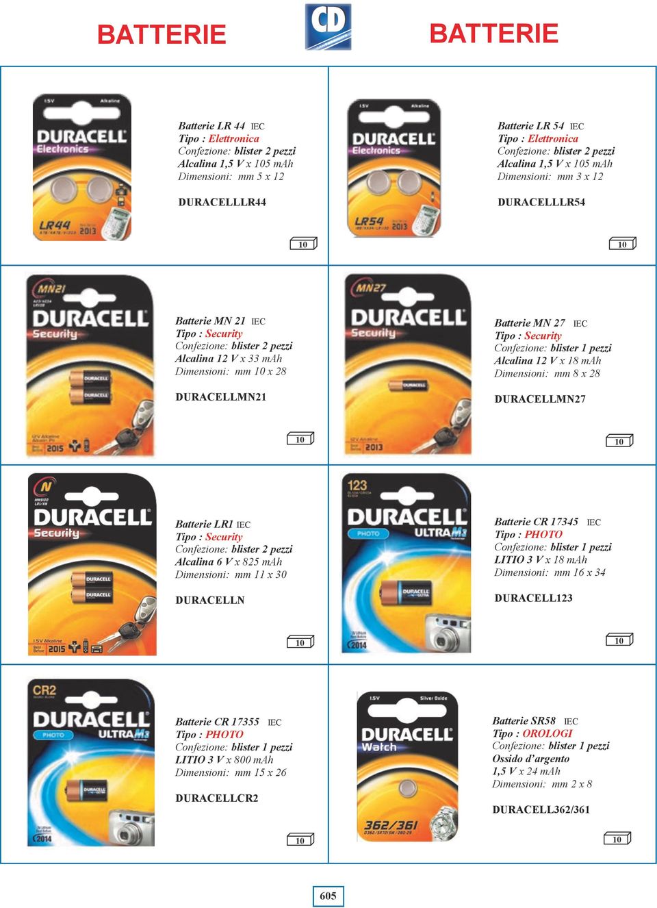 Dimensioni: mm x 30 DURACELLN Batterie CR 7345 IEC Tipo : PHOTO Confezione: blister pezzi LITIO 3 V x 8 mah Dimensioni: mm 6 x 34 DURACELL23 Batterie CR 7355 IEC Tipo : PHOTO Confezione: