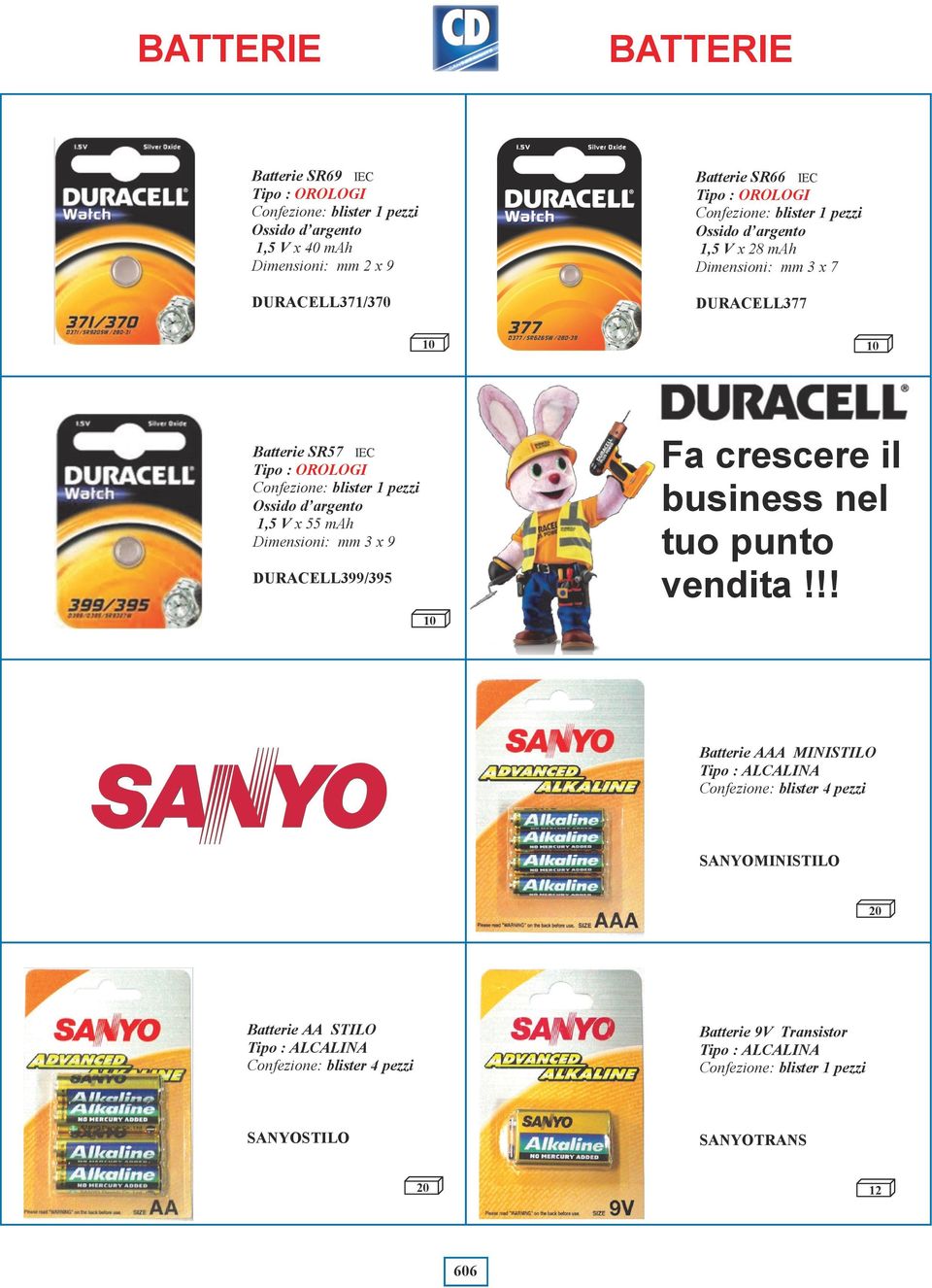 argento,5 V x 55 mah Dimensioni: mm 3 x 9 DURACELL399/395 Fa crescere il business nel tuo punto vendita!