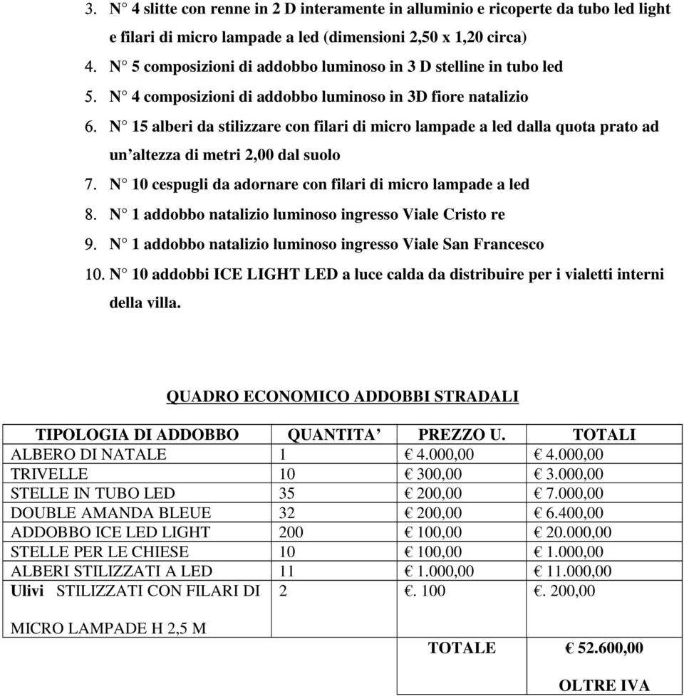 N 15 alberi da stilizzare con filari di micro lampade a led dalla quota prato ad un altezza di metri 2,00 dal suolo 7. N 10 cespugli da adornare con filari di micro lampade a led 8.