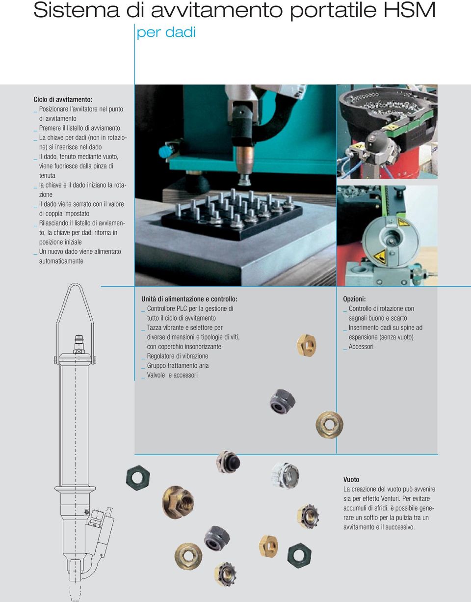 Rilasciando il listello di avviamento, la chiave per dadi ritorna in posizione iniziale _ Un nuovo dado viene alimentato automaticamente Unità di alimentazione e controllo: _ Controllore PLC per la