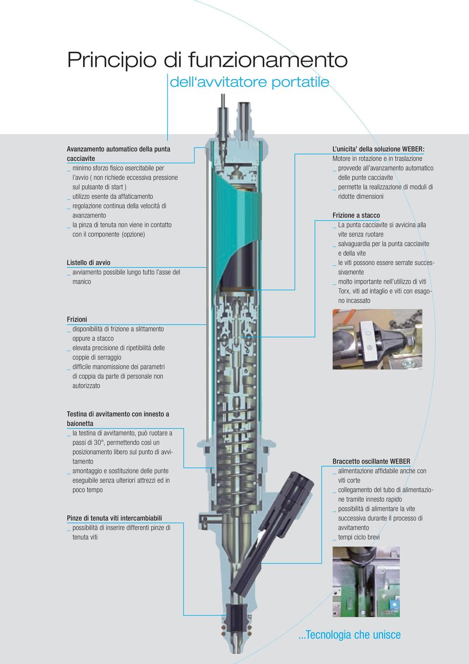 possibile lungo tutto l asse del manico L unicita della soluzione WEBER: Motore in rotazione e in traslazione _ provvede all avanzamento automatico delle punte cacciavite _ permette la realizzazione