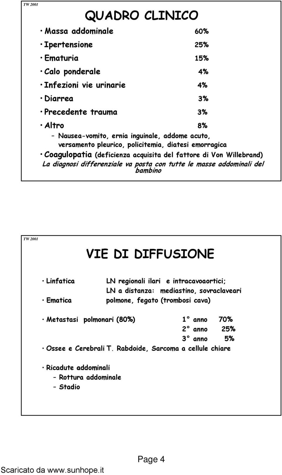 posta con tutte le masse addominali del bambino VIE DI DIFFUSIONE Linfatica Ematica LN regionali ilari e intracavoaortici; LN a distanza: mediastino, sovraclaveari polmone,