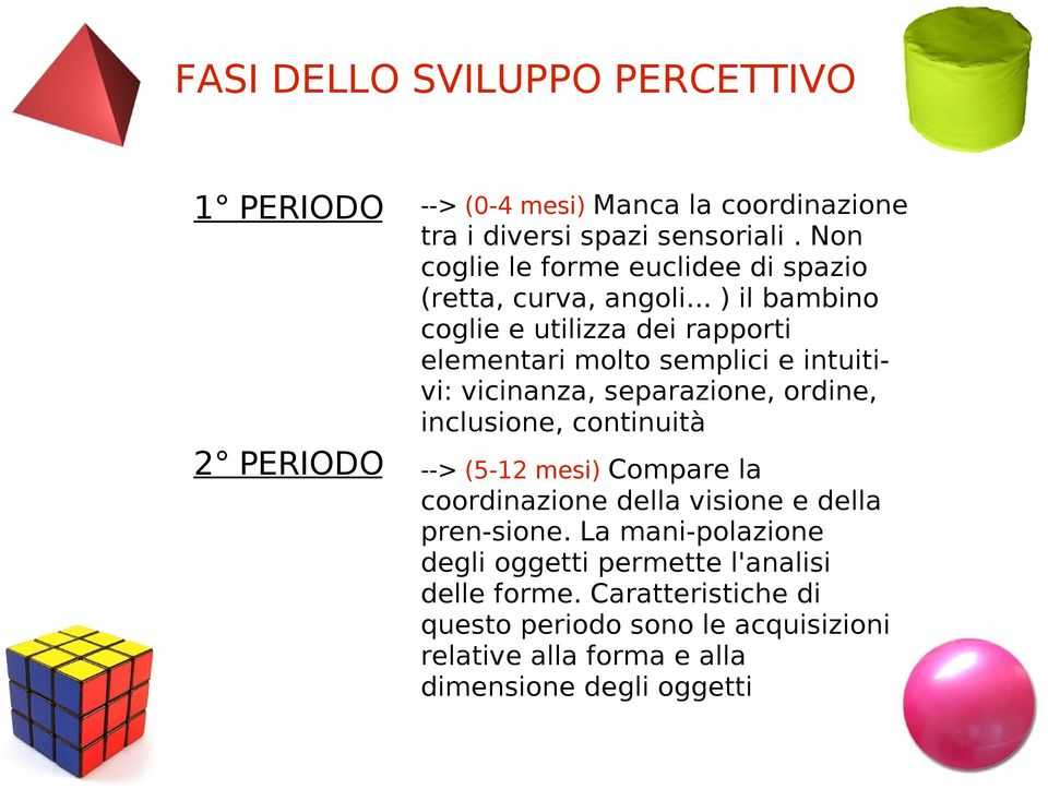 .. ) il bambino coglie e utilizza dei rapporti elementari molto semplici e intuitivi: vicinanza, separazione, ordine, inclusione, continuità