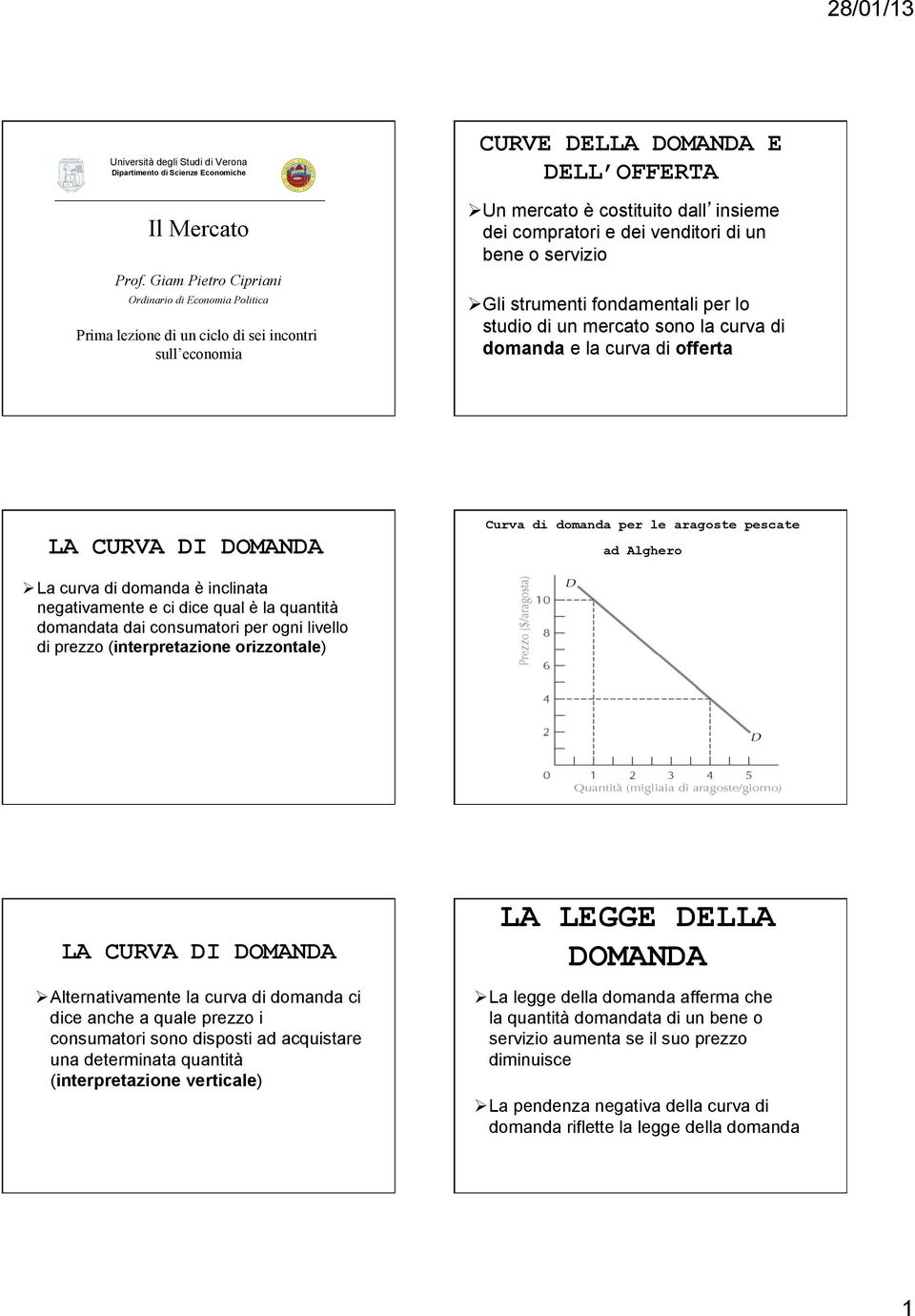 Giam Pietro Cipriani Ordinario di Economia Politica Prima lezione di un ciclo di sei incontri sull economia Ø Gli strumenti fondamentali per lo studio di un mercato sono la curva di domanda e la